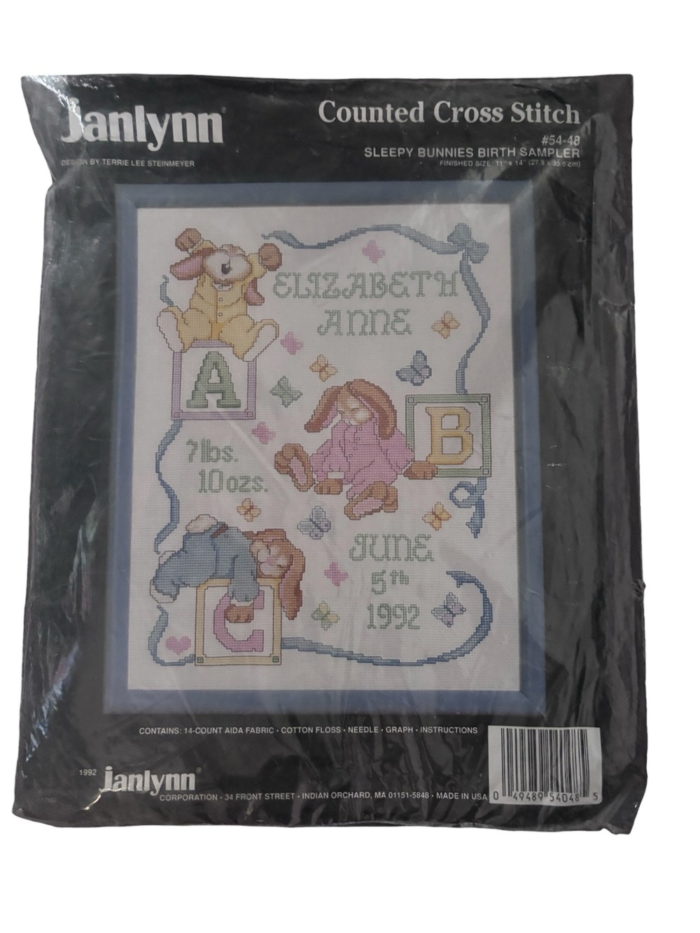 Vtg 1992 11x14 Janlynn Sleepy Bunnies Birth Sampler Counted Cross Stitch #54-48